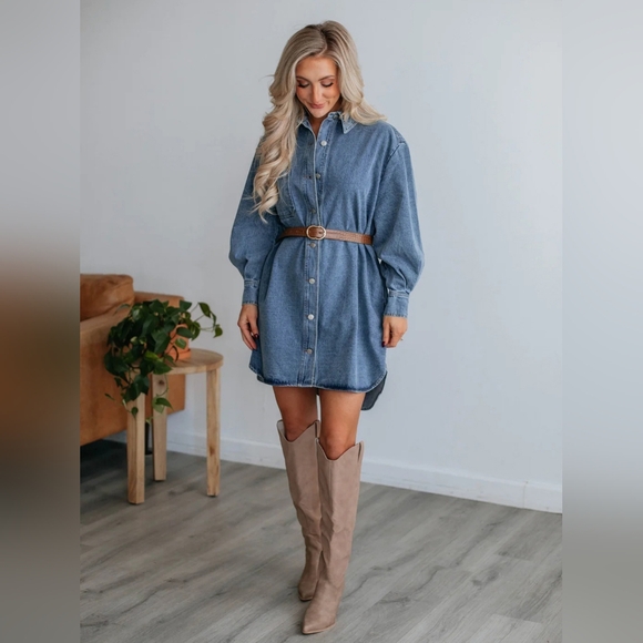 Oversized Denim Boyfriend Pocket Jean Collar Shirt Dress Long Sleeve High-low Mi - Picture 6 of 14
